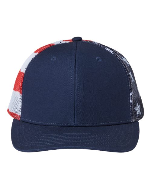 Kati Printed Mesh Trucker Cap — Navy/ USA Flag — Front