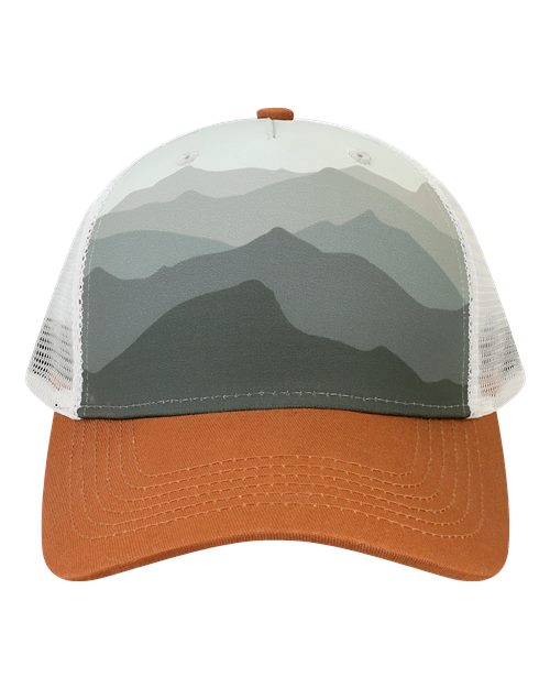 LOCALE Printed Five-Panel Trucker Cap — Ranges Grey/ Dark Orange — Front