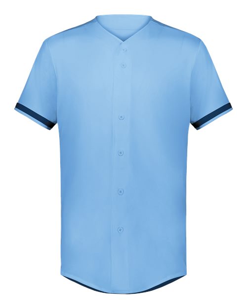 Augusta Sportswear Unisex Full Button Baseball Jersey — Columbia Blue/ Navy — Front