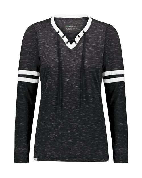 Holloway Women's Eco Revive™ Monterey Long Sleeve V-Neck T-Shirt — Black Heather/ White — Front