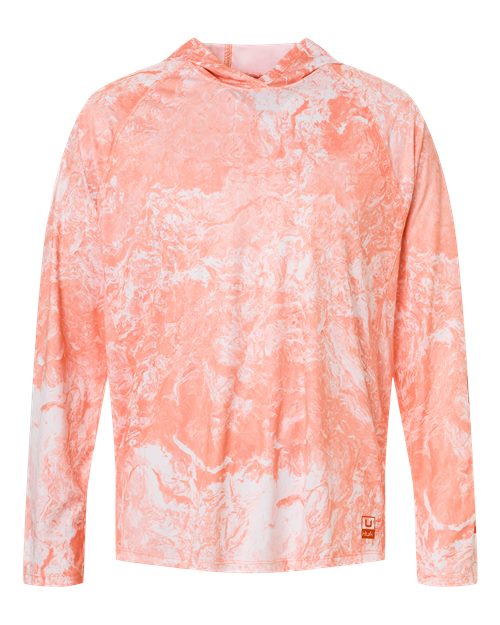 HUK Men's Pursuit Mossy Oak Printed Hooded Long Sleeve T-Shirt — Coral Reef — Front