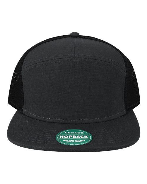 LEGACY Hopback Seven-Panel Trucker Cap — Black/ Black — Front