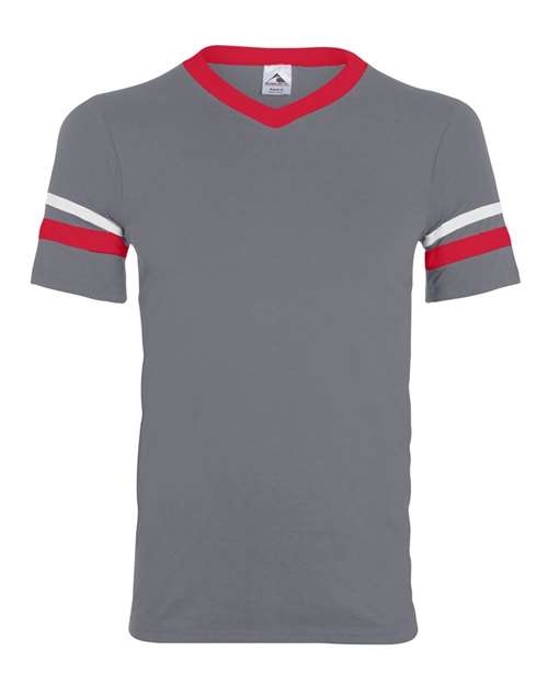 Augusta Sportswear Youth V-Neck Jersey with Striped Sleeves — Graphite/ Red/ White — Front