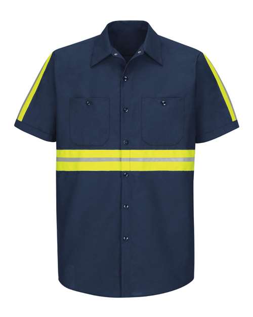 Red Kap Men's Enhanced Visibility Industrial Work Shirt — Navy/ Yellow Trim — Front