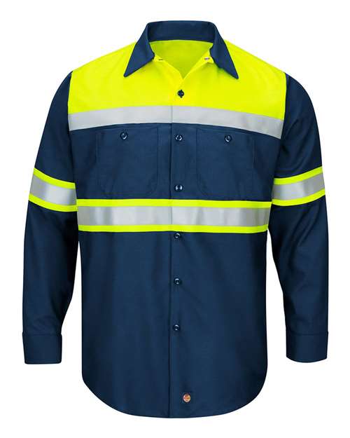 Red Kap Men's Tall Hi-Visibility Colorblock Ripstop Long Sleeve Work Shirt — Fluorescent Yellow/ Navy — Front
