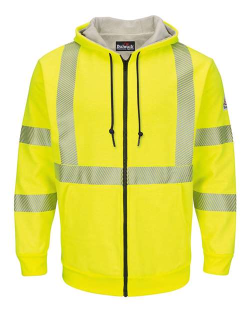 Bulwark Men's Tall Hi-Visibility Zip-Front Hooded Fleece Sweatshirt with Waffle Lining — Yellow/ Green — Front