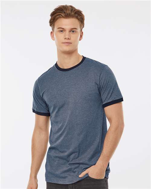 Tultex Unisex Fine Jersey Ringer T-Shirt — Heather Denim/ Navy — On model · front