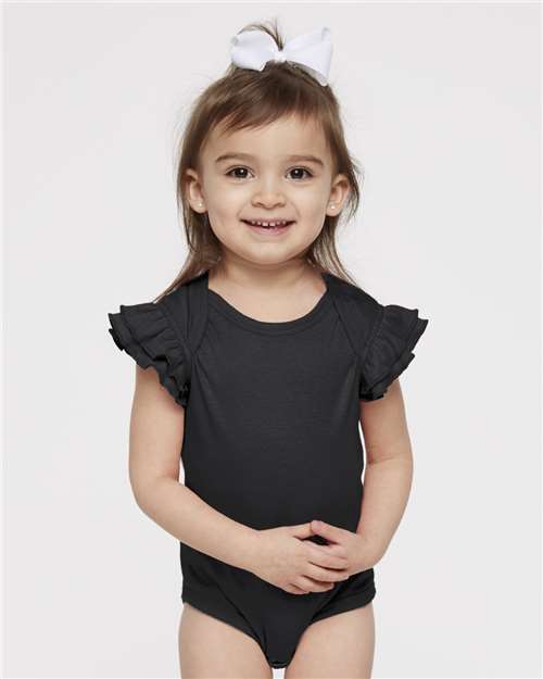 Rabbit Skins Infant Flutter Sleeve Baby Rib Bodysuit — Black — On model · front