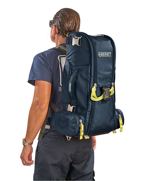 MERET RECOVER™ PRO X Blue Red EMS Medical Oxygen Backpack — Blue — On model · back