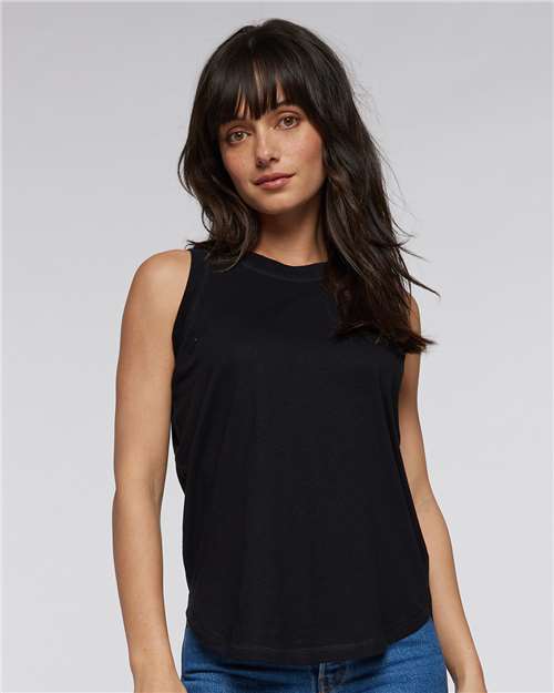 Live & Tell by LAT Women's Relaxed Fine Jersey Tank — Black — On model · front