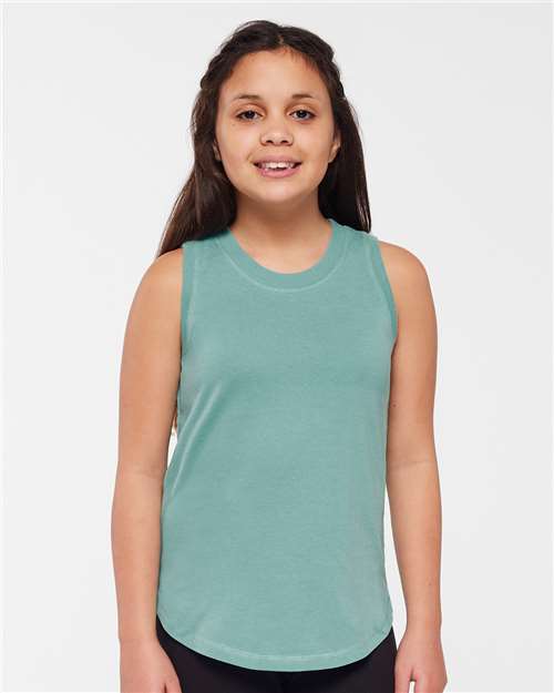 Live & Tell by LAT Girls' Relaxed Fine Jersey Tank — Saltwater — On model · front
