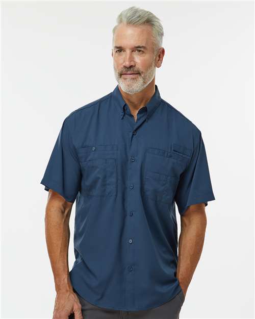 Paragon Men's Hatteras Performance Short Sleeve Fishing Shirt — Navy — On model · front