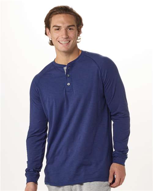 Boxercraft Unisex Henley Long Sleeve T-Shirt — Navy — On model · front