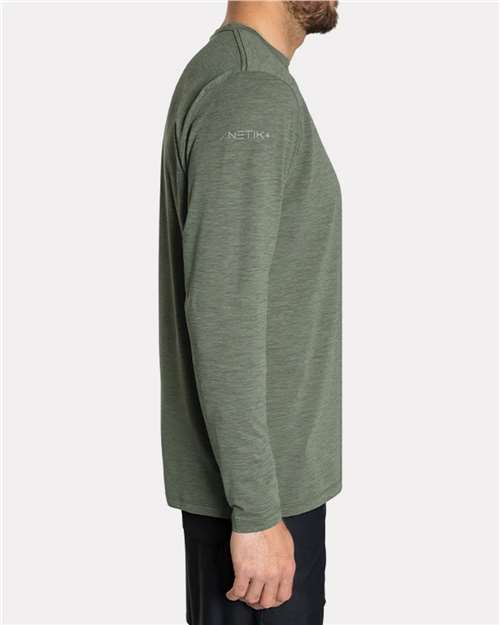 ANETIK Men's Low Pro Tech Long Sleeve T-Shirt — Dark Olive Heathered — On model · side
