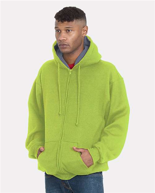 Bayside Unisex USA-Made Super Heavy Thermal Lined Full-Zip Hooded Sweatshirt — Lime Green/ Dark Grey — On model · front