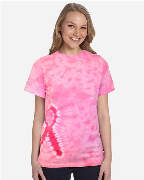 Colortone Unisex Shapes Tie-Dyed T-Shirt — Pink Ribbon — On model · front