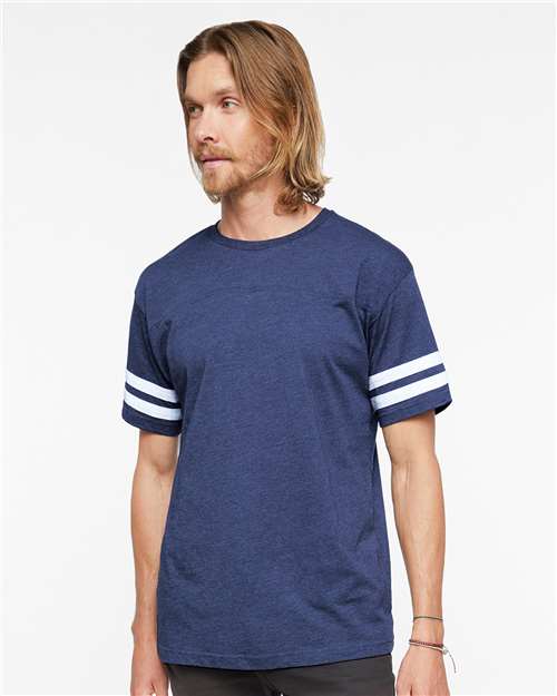 Live & Tell by LAT Unisex Football Fine Jersey Tee — Vintage True Navy/ Blended White — On model · front