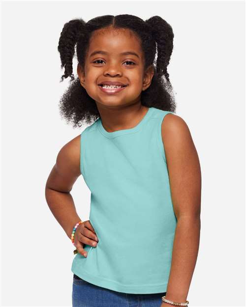 Rabbit Skins Toddler Fine Jersey Tank — Saltwater — On model · front
