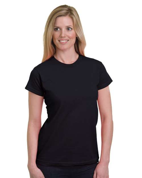 Bayside Women's USA-Made Fine Jersey T-Shirt — Black — On model · front