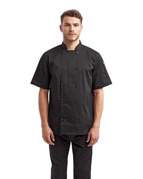 Artisan Collection by Reprime Unisex Short Sleeve Recycled Chef Coat — Black — On model · front