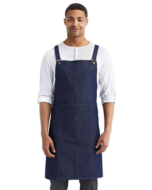 Artisan Collection by Reprime Cross Back Barista Bib Apron — Indigo Denim — On model · front