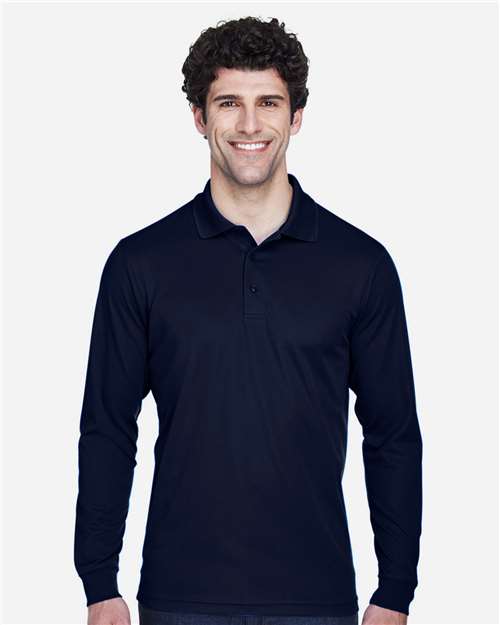 CORE365 Men's Tall Pinnacle Performance Long Sleeve Piqué Polo — Classic Navy — On model · front