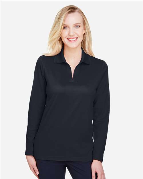 Devon & Jones Women's CrownLux Performance® Plaited Long Sleeve Polo — Black — On model · front
