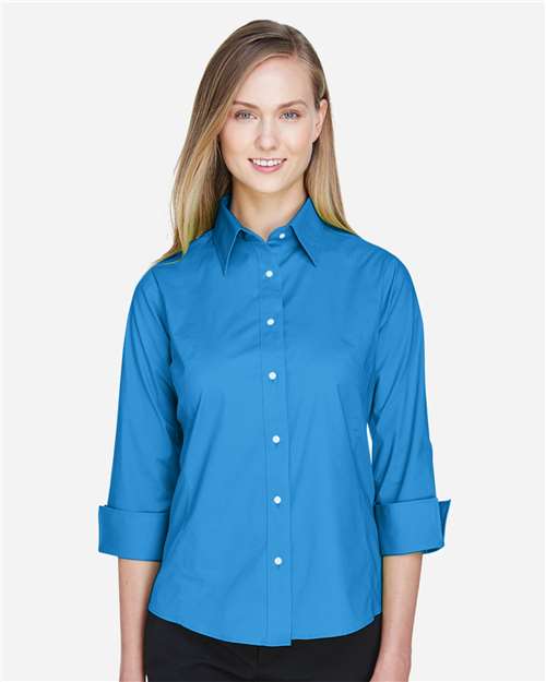 Devon & Jones Women's Perfect Fit™ Three-Quarter Sleeve Stretch Poplin Dress Shirt — French Blue — On model · front