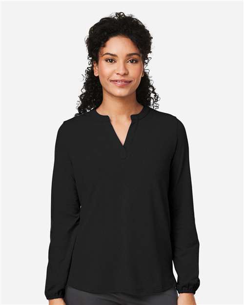 Devon & Jones Women's Raleigh Half-Placket Knit Top — Black — On model · front