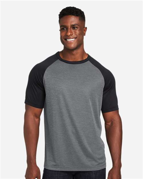 Team 365 Unisex Zone Colorblock Raglan T-Shirt — Dark Grey Heather/ Black — On model · front