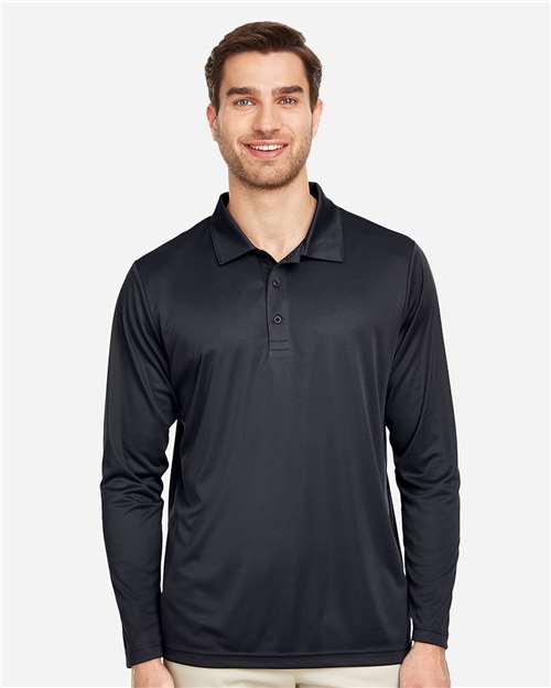 Team 365 Men's Zone Performance Long Sleeve Polo — Black — On model · front