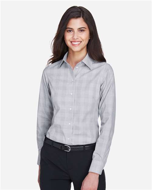 Devon & Jones Women's Crown Collection® Glen Plaid Woven Dress Shirt — White/ Graphite/ Light Grey — On model · front