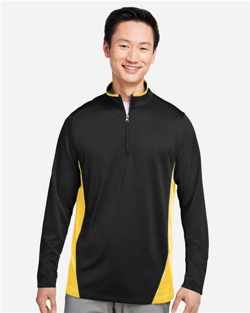 Harriton Men's Flash Snag Protection Plus IL Colorblock Quarter-Zip Pullover — Black/ Sunray Yellow — On model · front