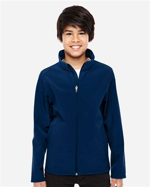 Team 365 Youth Leader Soft Shell Jacket — Sport Dark Navy — On model · front