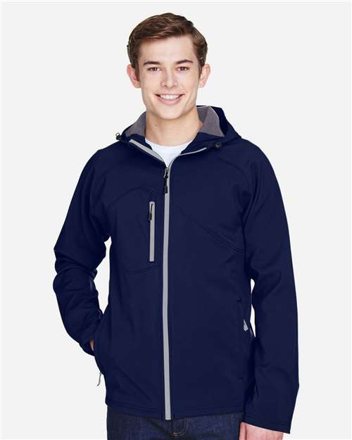 North End Men's Prospect Two-Layer Fleece Bonded Soft Shell Hooded Jacket — Classic Navy — On model · front
