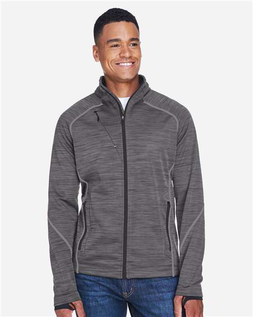 North End Men's Flux Mélange Bonded Fleece Jacket — Carbon/ Black — On model · front