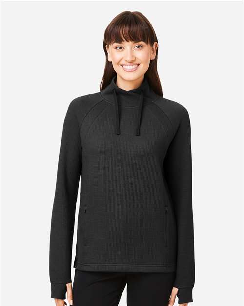 North End Women's Rhythm Waffle Cross-Neck Pullover — Black — On model · front