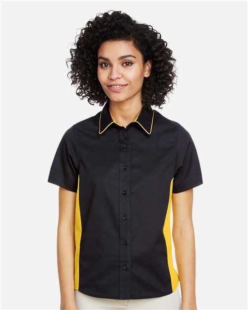 Harriton Women's Flash IL Colorblock Shirt — Black/ Sunray Yellow — On model · front