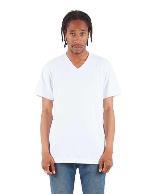 Shaka Wear Unisex V-Neck Tee — White — On model · front