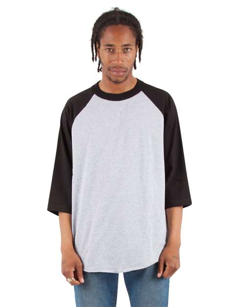 Shaka Wear Unisex Raglan Tee — Heather Grey/ Black — On model · front