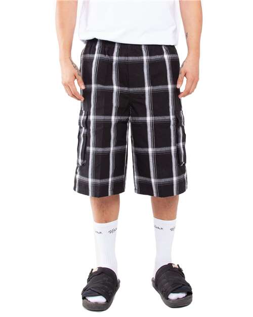 Shaka Wear Unisex Plaid Shorts — Black — On model · front