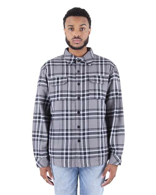 Shaka Wear Unisex Plaid Jacket — Dark Grey — On model · front