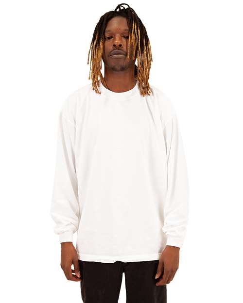 Shaka Wear Unisex Max Heavyweight Garment-Dyed Long Sleeve Tee — White — On model · front