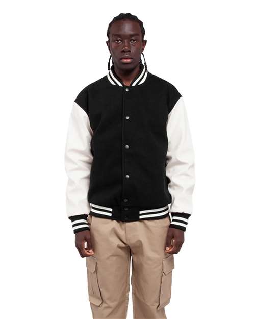 Shaka Wear Unisex Letterman Jacket — Black/ White — On model · front