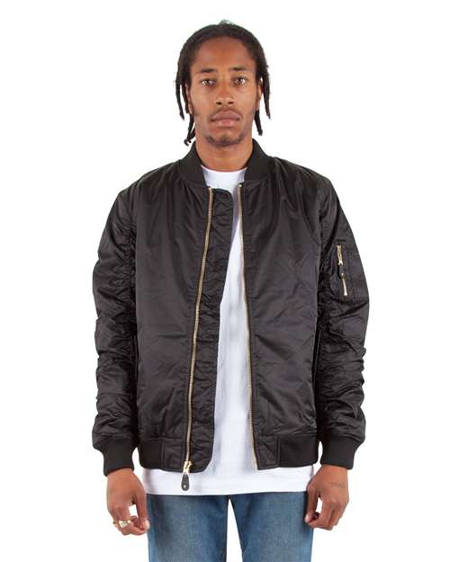 Shaka Wear Unisex Bomber Jacket — Black — On model · front