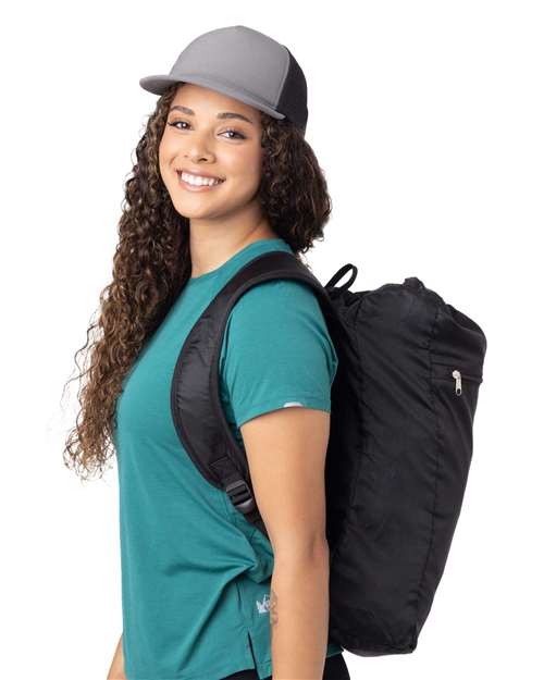 BAGedge Getaway Cinchback Travel Backpack — Black — On model · side