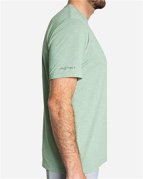 ANETIK Men's Low Pro Tech T-Shirt — Olive Heathered — On model · side