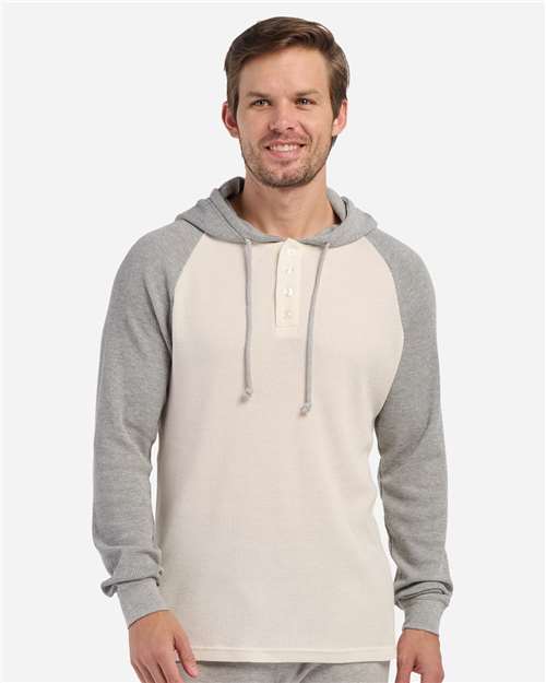 Boxercraft Unisex Waffle Knit Pullover Hooded Long Sleeve T-Shirt — Natural/ Oxford Heather — On model · front