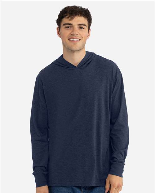 Next Level Unisex CVC Hoodie Long Sleeve Tee — Midnight Navy — On model · front