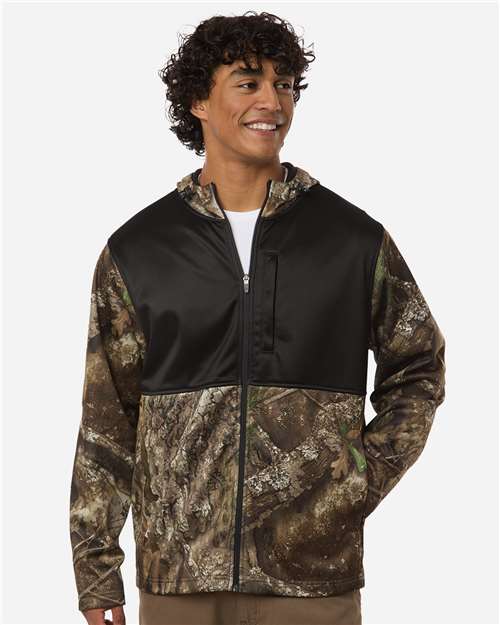 RealTree Unisex Realtree® Performance Colorblocked Full-Zip Hooded Sweatshirt — Camo/ Black — On model · front